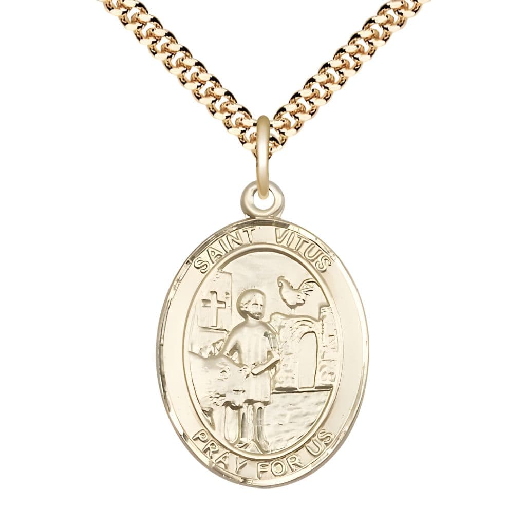 Bliss St. Vitus 14kt Gold-filled Oval Medal Pendant with Gold-plated Chain, Measures 1-inch tall by 3/4-inch wide.