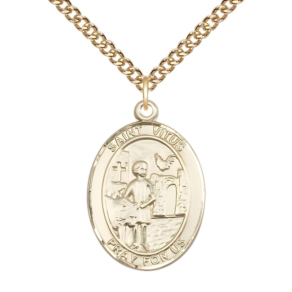 Bliss St. Vitus 14kt Gold-filled Oval Medal Pendant with Gold-filled Chain, Measures 1-inch tall by 3/4-inch wide.