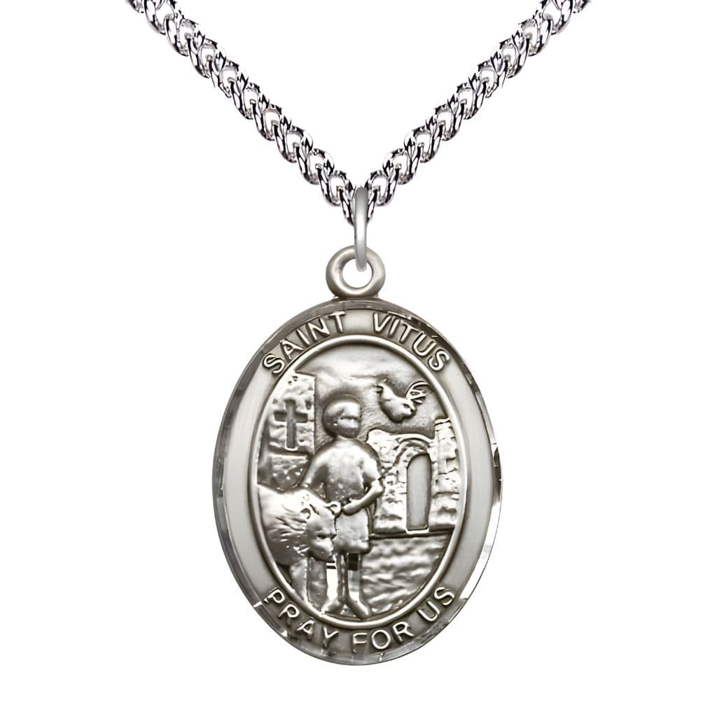 Bliss St. Vitus Sterling Silver Oval Medal Pendant with Sterling Chain, Measures 1-inch tall by 3/4-inch wide.