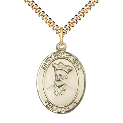 St. Philip Neri 14kt Gold-filled Oval Medal Pendant with Gold-plated Chain, Measures 1-inch tall by 3/4-inch wide. Deluxe Gift Box, Bliss Manufacturing