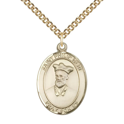 St. Philip Neri 14kt Gold-filled Oval Medal Pendant with Gold-filled Chain, Measures 1-inch tall by 3/4-inch wide. Deluxe Gift Box, Bliss Manufacturing