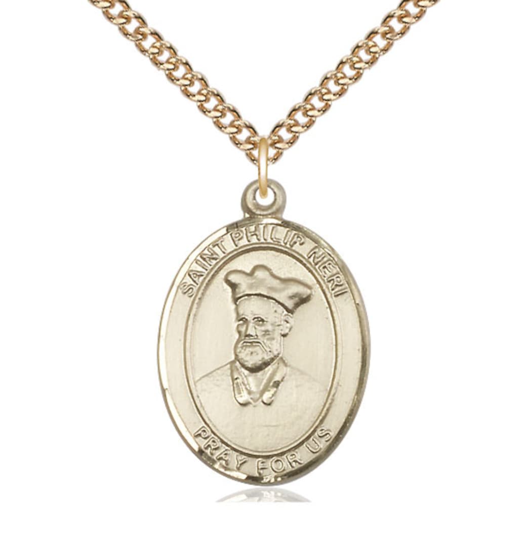 Bliss St Philip Neri Gold-filled Oval Engravable Large Medal Necklace with Gold-filled Chain,