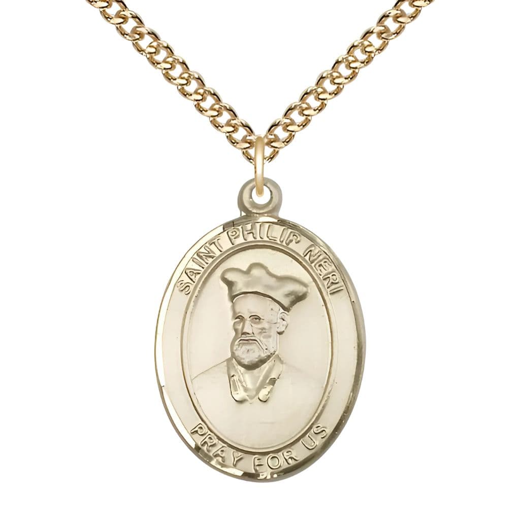 Bliss St. Philip Neri 14kt Gold Oval Medal Pendant with 14kt Gold Chain, Measures 1-inch tall by 3/4-inch wide. Deluxe Gift Box.