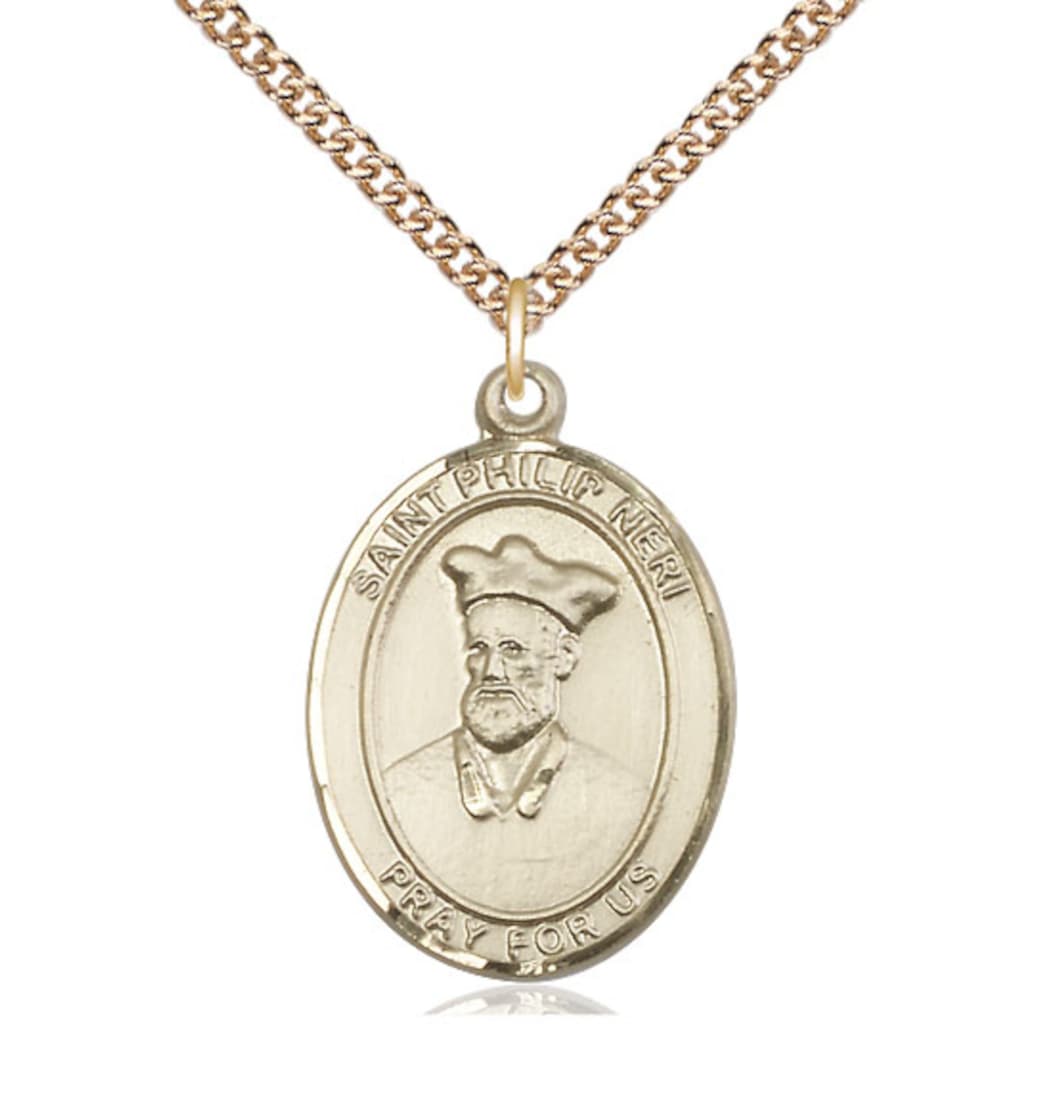 Bliss Manufacturing St Philip Neri 14kt Gold Oval Large Medal with Chain,