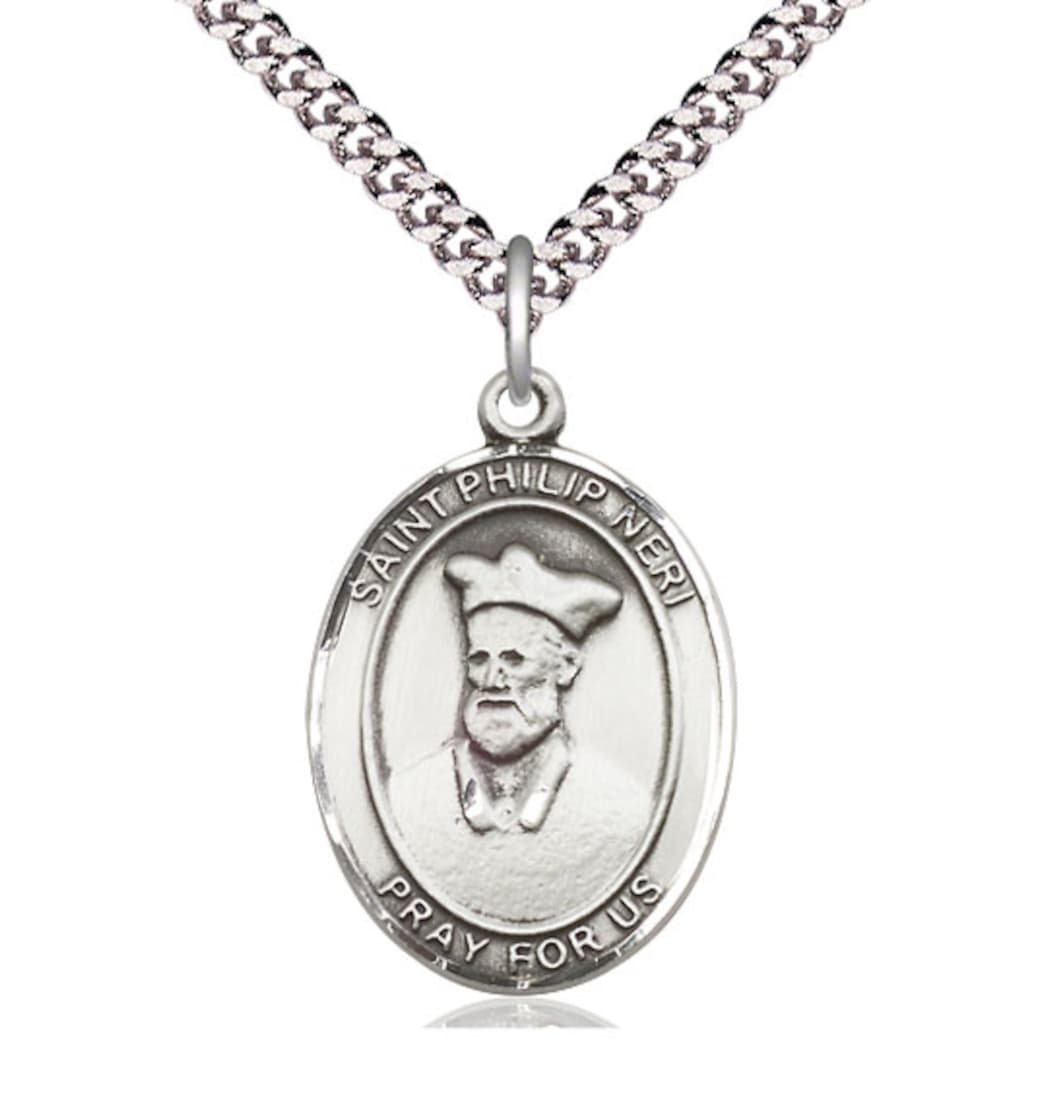 Bliss St Philip Neri Pewter Oval Engravable Large Medal Necklace with Chain,