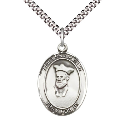 St. Philip Neri Sterling Silver Oval Medal Pendant with Rhodium-plated Chain, Measures 1-inch tall by 3/4-inch wide. Deluxe Gift Box, Bliss Manufacturing