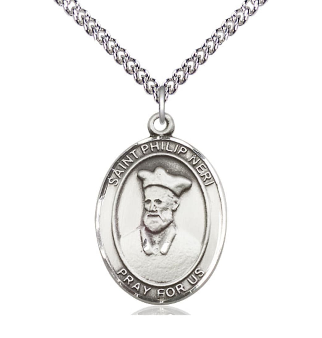 Bliss St Philip Neri Sterling Silver Oval Large Medal Necklace with Sterling Silver Chain,