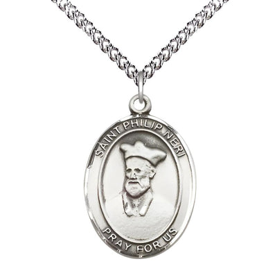 St. Philip Neri Sterling Silver Oval Medal Pendant with Sterling Silver Chain, Measures 1-inch tall by 3/4-inch wide. Deluxe Gift Box, Bliss Manufacturing