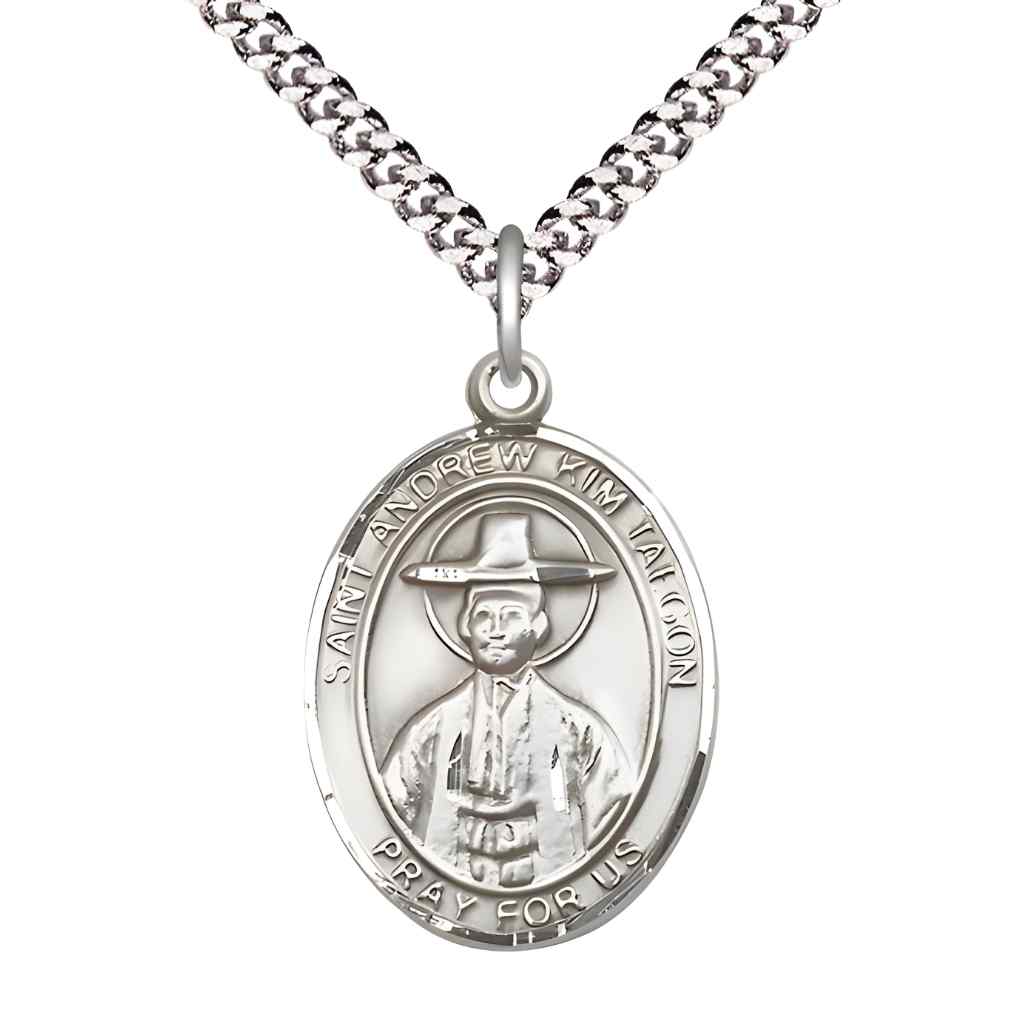 Large St Andrew Kim Taegon Pewter Medal Necklace with Plated Chain, Bliss Manufacturing