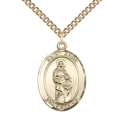 St. Anne 14kt Gold-filled Oval Medal Pendant with Gold-filled Chain, Measures 1-inch tall by 3/4-inch wide. Deluxe Gift Box, Bliss Manufacturing