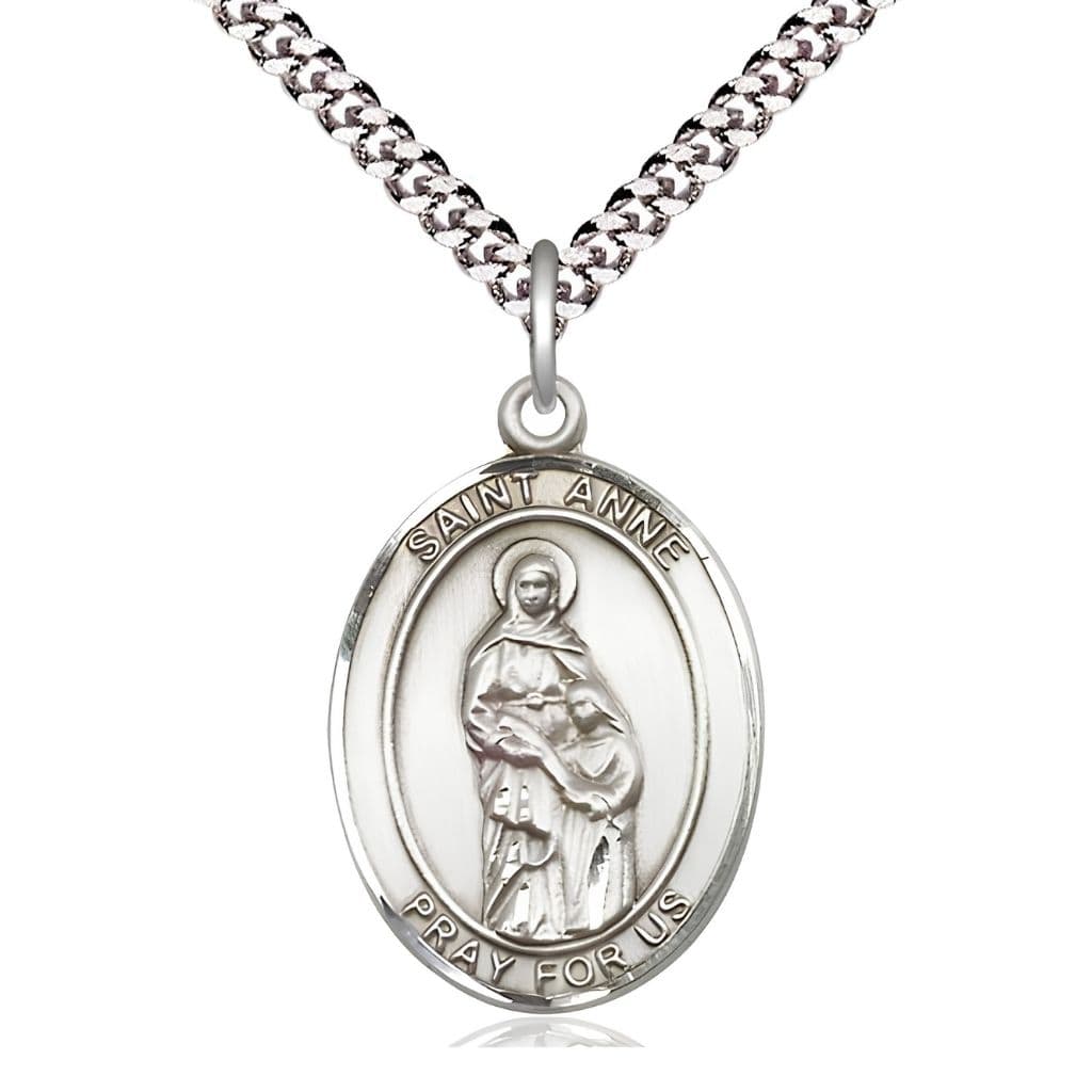 Bliss St. Anne Sterling Silver Oval Medal Pendant with Rhodium-plated Chain, Measures 1-inch tall by 3/4-inch wide. Deluxe Gift Box.