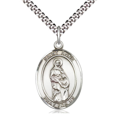 St. Anne Sterling Silver Oval Medal Pendant with Rhodium-plated Chain, Measures 1-inch tall by 3/4-inch wide. Deluxe Gift Box, Bliss Manufacturing