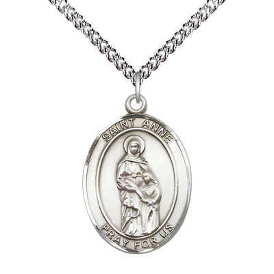 St. Anne Sterling Silver Oval Medal Pendant with Sterling Silver Chain, Measures 1-inch tall by 3/4-inch wide. Deluxe Gift Box, Bliss Manufacturing