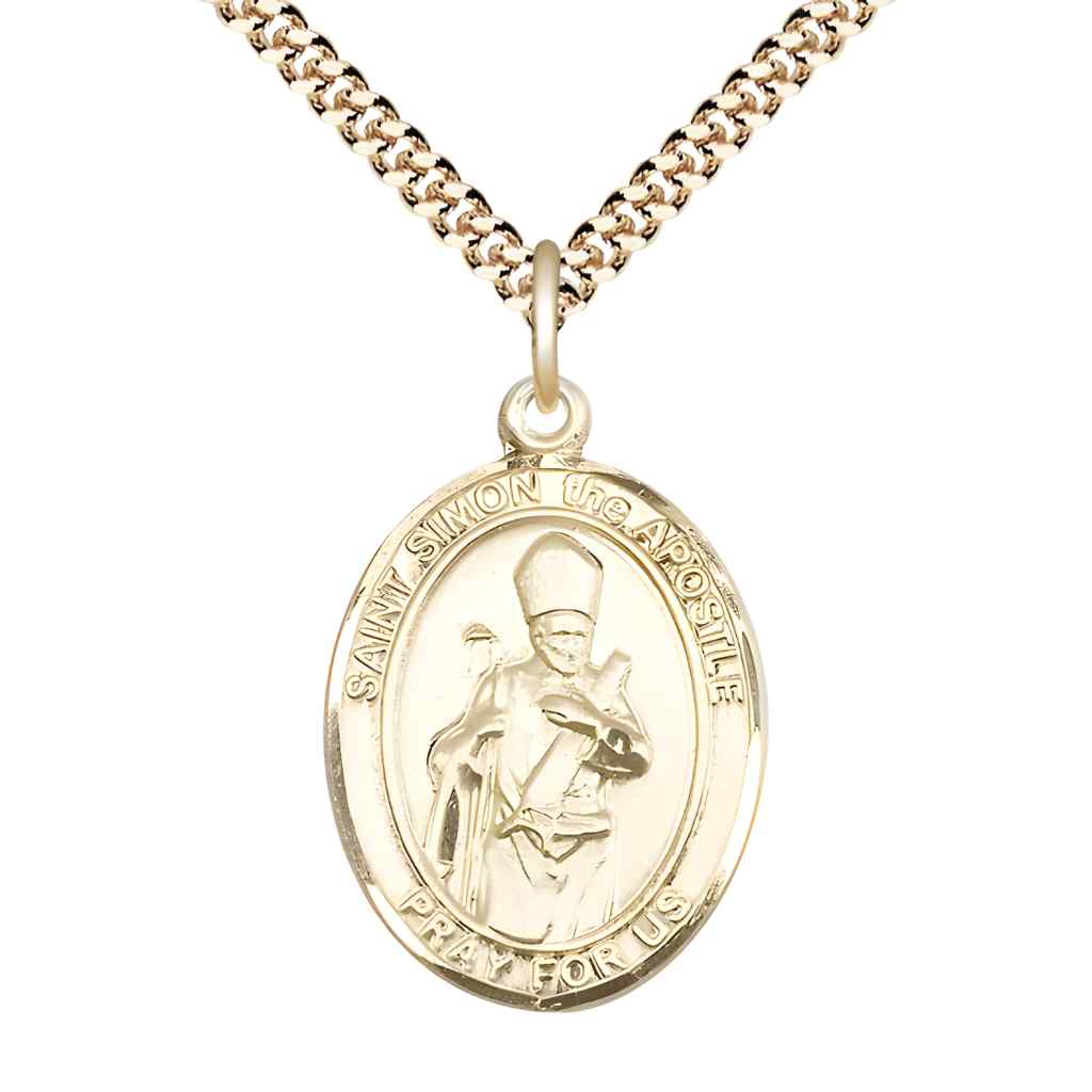 Large Saint Simon the Apostle 14kt Gold-filled Oval Medal Pendant with Gold-plated Curb Chain with Deluxe Gift Box | Bliss Manufacturing