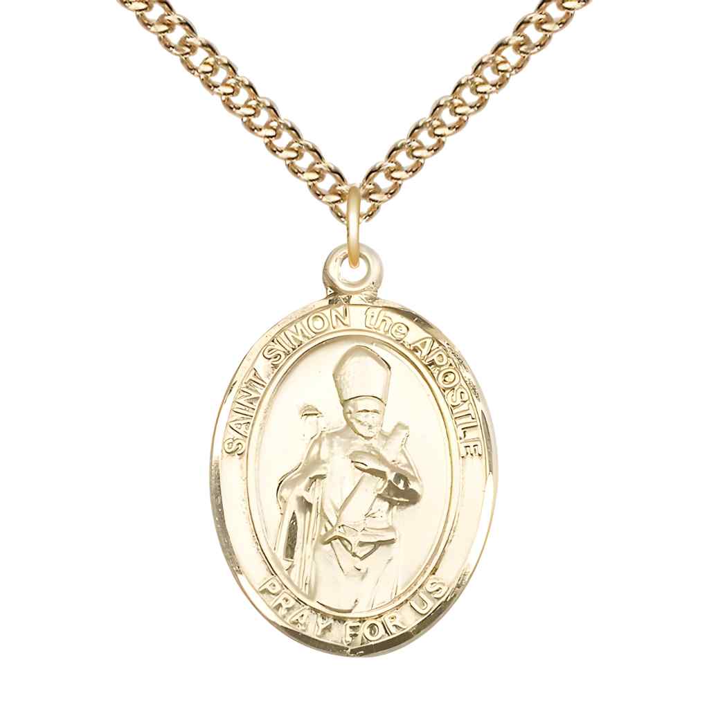 Large Saint Simon the Apostle 14kt Gold Oval Medal Pendant with 14kt Gold Curb Chain with Deluxe Gift Box | Bliss Manufacturing
