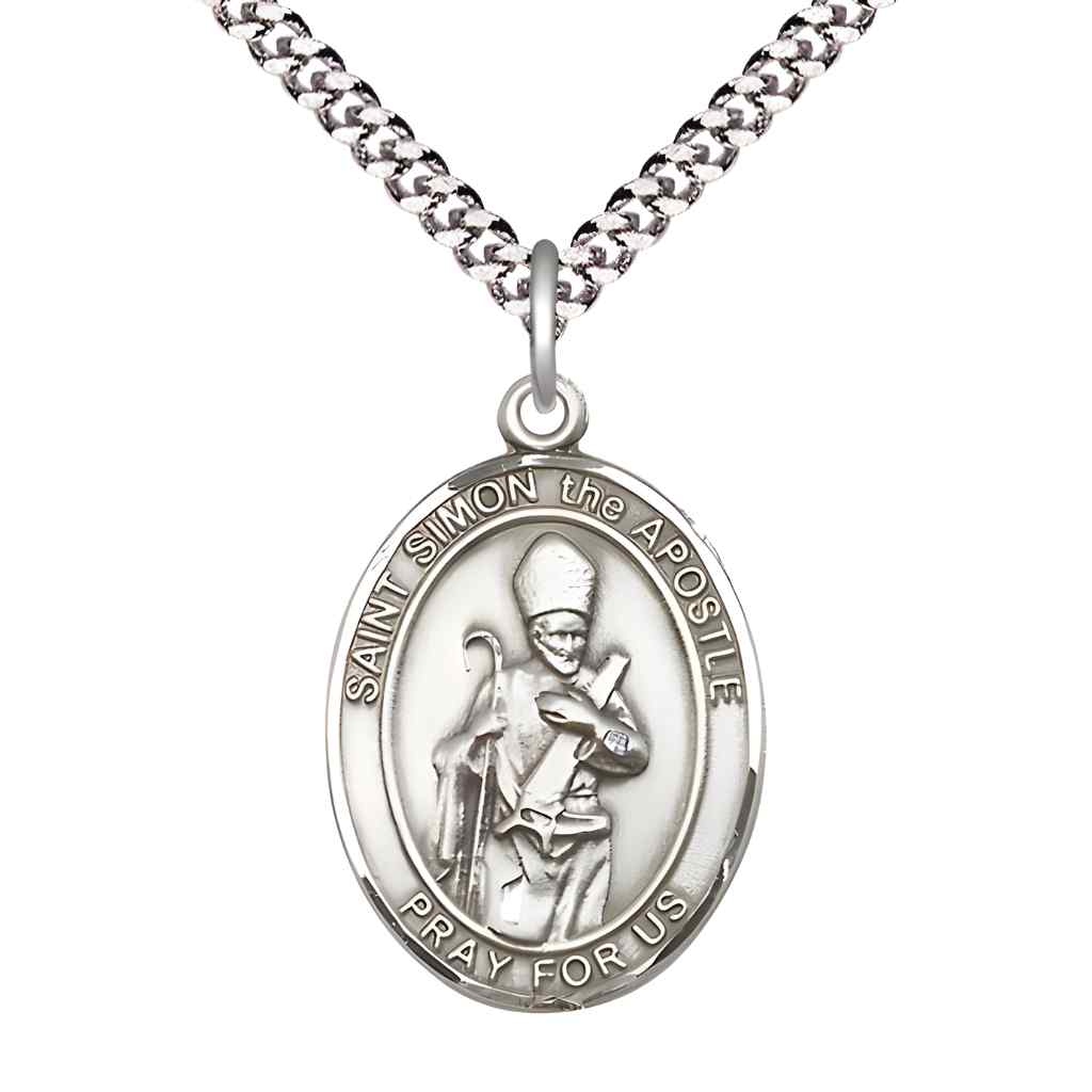 Large Saint Simon the Apostle Pewter Oval Medal Pendant with Rhodium-plated Curb Chain with Deluxe Gift Box | Bliss Manufacturing