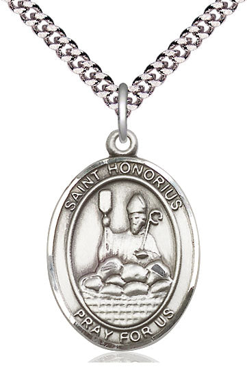 bliss manufacturing large st honorius of amiens pewter medal on a 24 inch light rhodium-plated heavy curb chain,