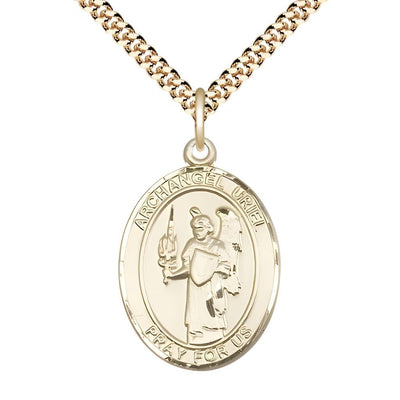 St. Uriel the Archangel 14kt Gold-filled Oval Medal Pendant with Gold-plated Chain, Measures 1-inch tall by 3/4-inch wide, Bliss Manufacturing