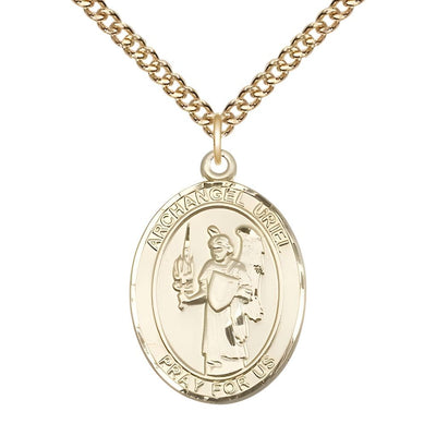St. Uriel the Archangel 14kt Gold Oval Medal Pendant with 14kt Gold Chain, Measures 1-inch tall by 3/4-inch wide, Bliss Manufacturing