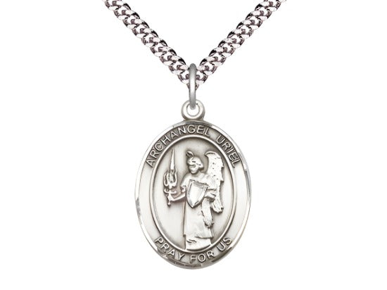 Large Bliss St Uriel the Archangel Pewter Oval Medal Necklace w/Plated Chain,