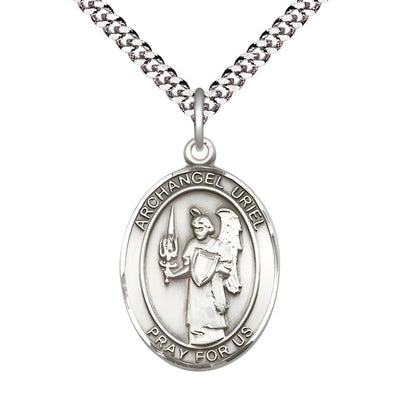 St. Uriel the Archangel Pewter Oval Medal Pendant with Rhodium-plated Chain, Measures 1-inch tall by 3/4-inch wide, Bliss Manufacturing