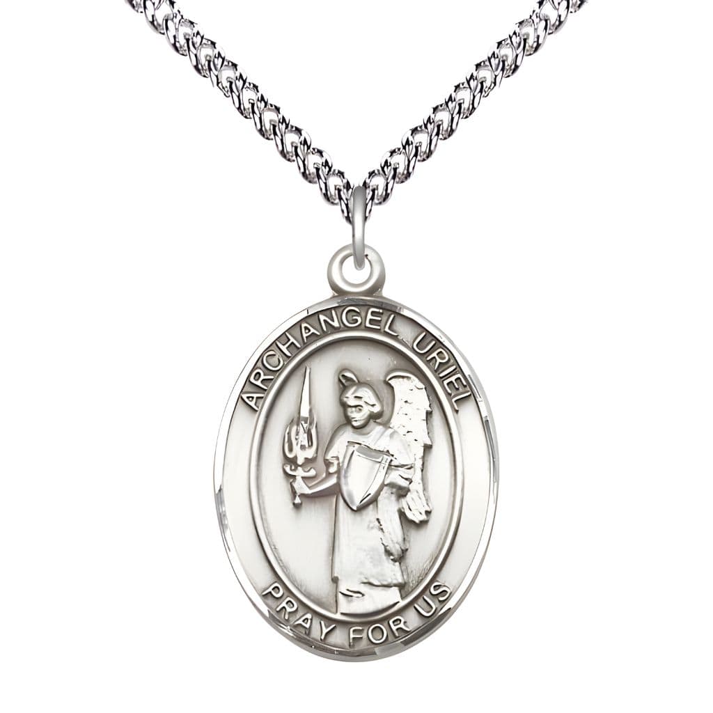 Bliss St. Uriel the Archangel Sterling Silver Oval Medal Pendant with Sterling Chain, Measures 1-inch tall by 3/4-inch wide.