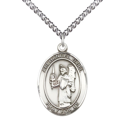 St. Uriel the Archangel Sterling Silver Oval Medal Pendant with Sterling Chain, Measures 1-inch tall by 3/4-inch wide, Bliss Manufacturing