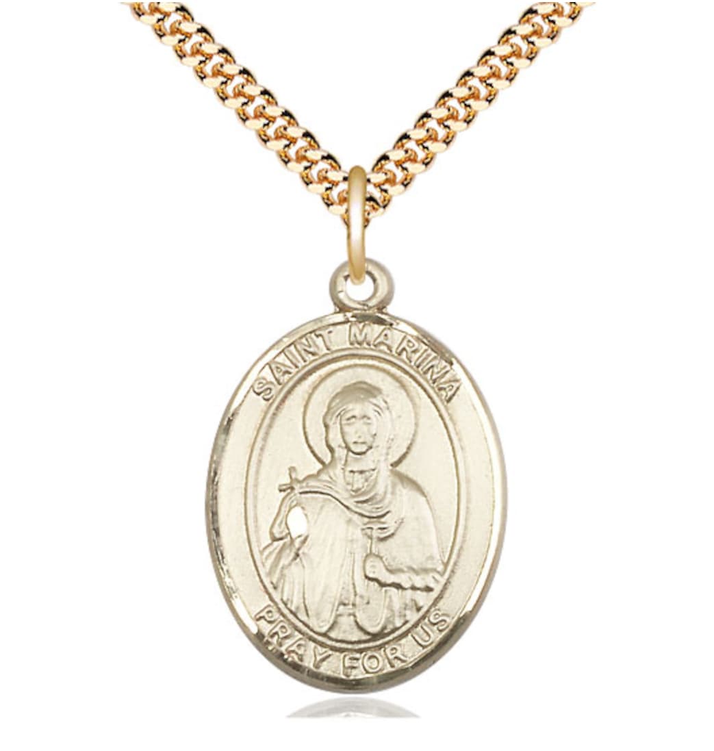 Bliss 14kt Gold Filled St Marina Pendant on a 24 inch Gold Plate Heavy Curb Chain,