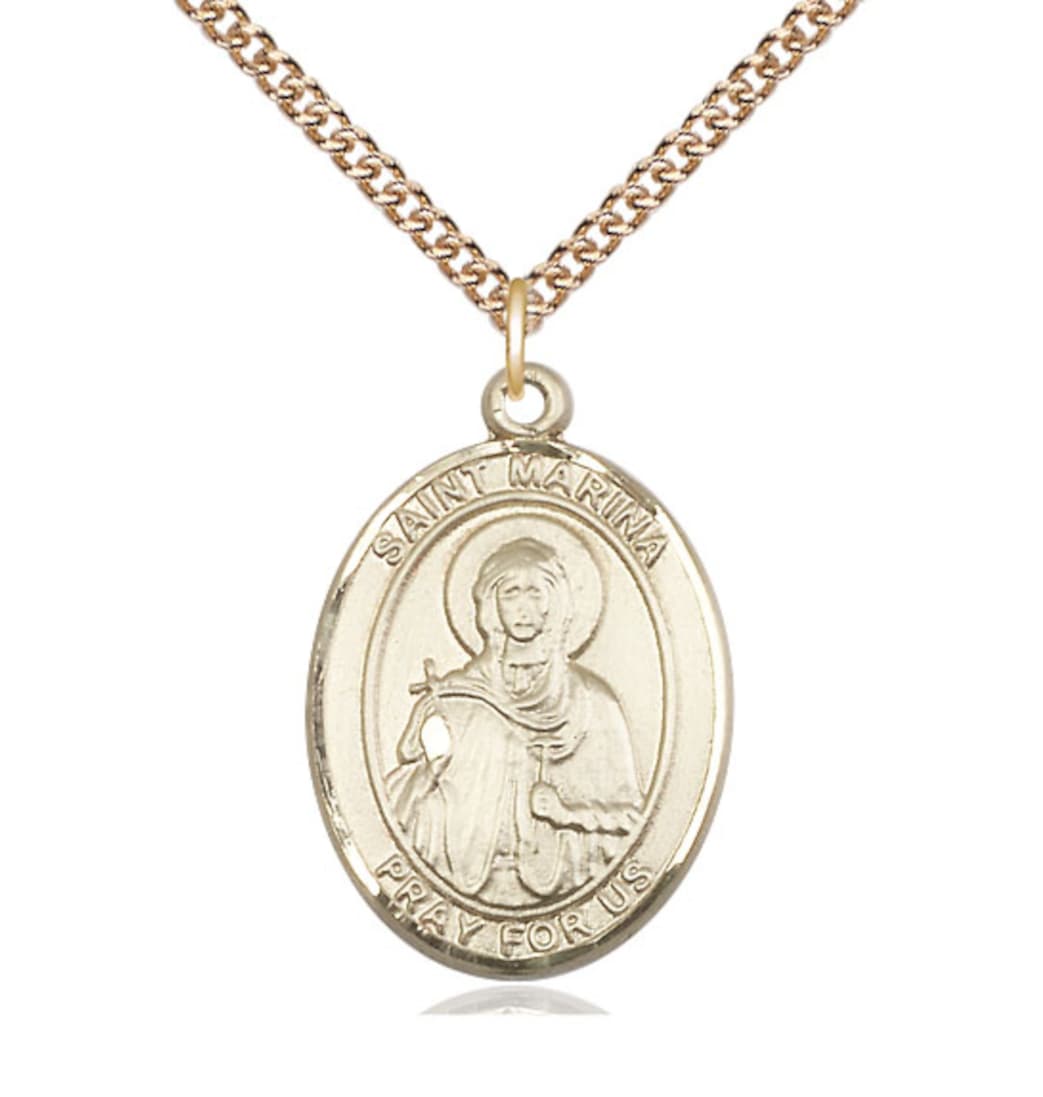 Bliss 14kt Gold St Marina Pendant on a 24 inch 14kt Gold Heavy Curb Chain,