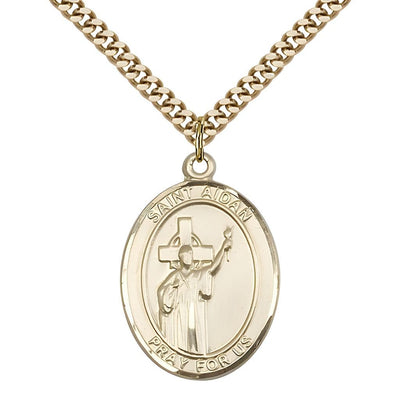 St. Aidan of Lindesfarne 14kt Gold-filled Oval Medal Pendant with Gold-plated Chain, Measures 1-inch tall by 3/4-inch wide, Bliss Manufacturing