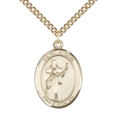 St. Aidan of Lindesfarne 14kt Gold-filled Oval Medal Pendant with Gold-filled Chain, Measures 1-inch tall by 3/4-inch wide, Bliss Manufacturing