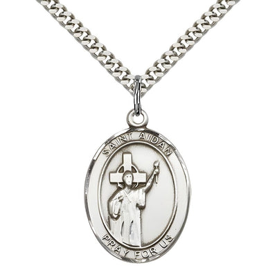 St. Aidan of Lindesfarne Pewter Oval Medal Pendant with Rhodium-plated Chain, Measures 1-inch tall by 3/4-inch wide, Bliss Manufacturing