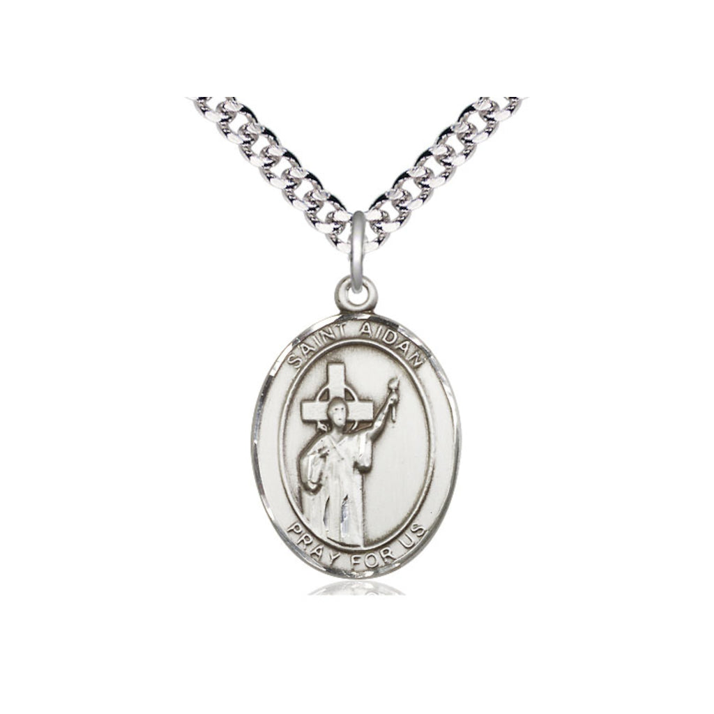 Engravable St Aidan of Lindesfarne Pewter Large Medal w/Rhodium-Plated Heavy Curb Chain