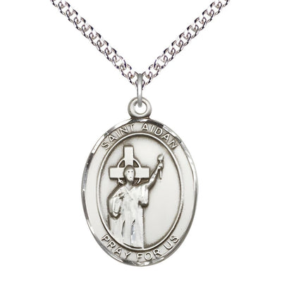 St. Aidan of Lindesfarne Sterling Silver Oval Medal Pendant with Sterling Silver Chain, Measures 1-inch tall by 3/4-inch wide, Bliss Manufacturing