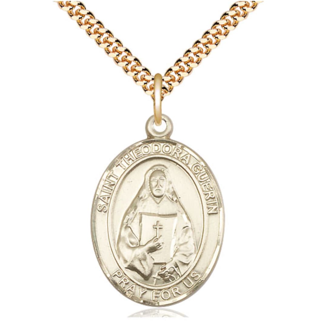 Bliss Large 14kt Gold Filled St Theodora Pendant on a 24 inch Gold Plate Heavy Curb Chain,