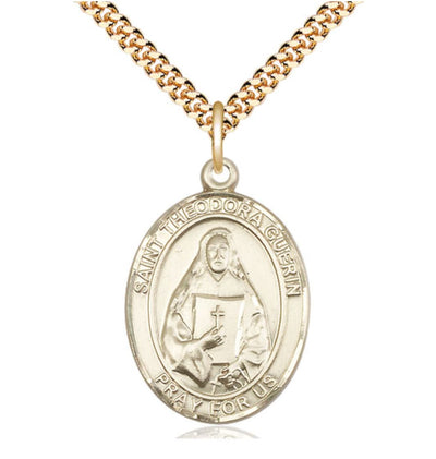 Large 14kt Gold Filled St Theodora Pendant on a 24 inch Gold Plate Heavy Curb Chain, Bliss Manufacturing