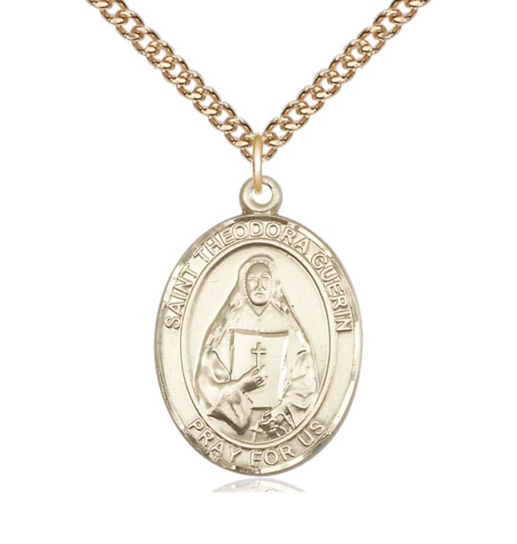 Large Bliss 14kt Gold Filled St Theodora Pendant on a 24 inch Gold Plate Heavy Curb Chain,