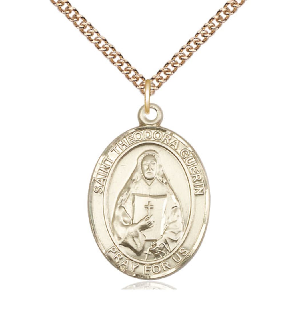 Large Bliss 14kt Gold St Theodora Pendant on a 24 inch 14kt Gold Heavy Curb Chain,