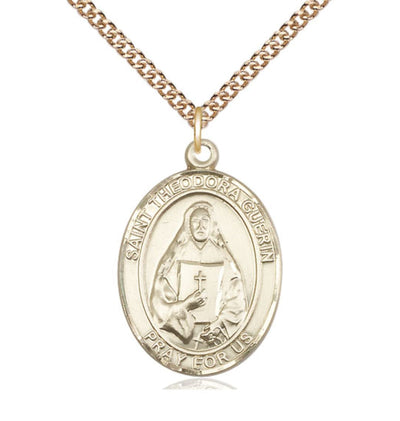 Large 14kt Gold St Theodora Pendant on a 24 inch 14kt Gold Heavy Curb Chain, Bliss Manufacturing