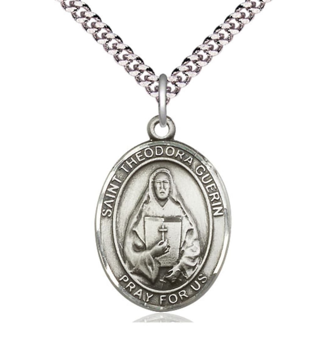 Large Bliss Pewter St Theodora Pendant on a 24 inch Light Rhodium-plated Heavy Curb Chain,