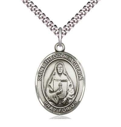 Large Sterling Silver St Theodora Pendant on a 24 inch Light Rhodium-plated Heavy Curb Chain, Bliss Manufacturing