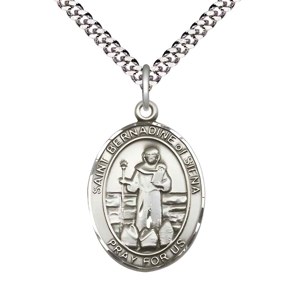 Large Saint Bernadine of Sienna Pewter Oval Medal Pendant with 24" Rhodium-plated Curb Chain in Deluxe Gift Box | Bliss Manufacturing