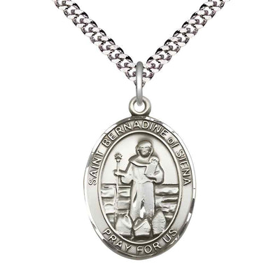 Large Saint Bernadine of Sienna Pewter Oval Medal Pendant with 24" Rhodium-plated Curb Chain in Deluxe Gift Box | Bliss Manufacturing