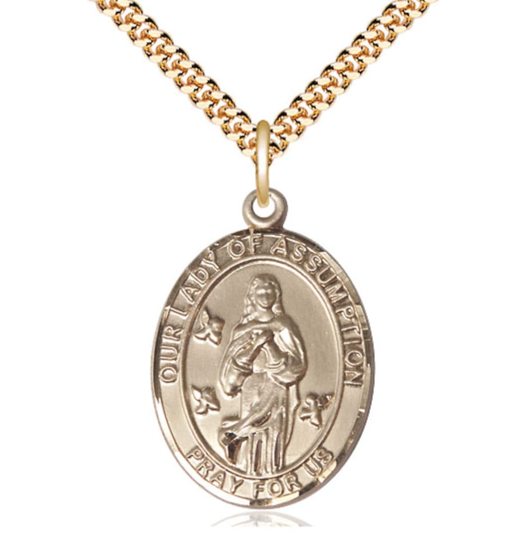 Bliss Our Lady of Assumption Gold-filled Oval Engravable Medal Necklace with Plated Chain,