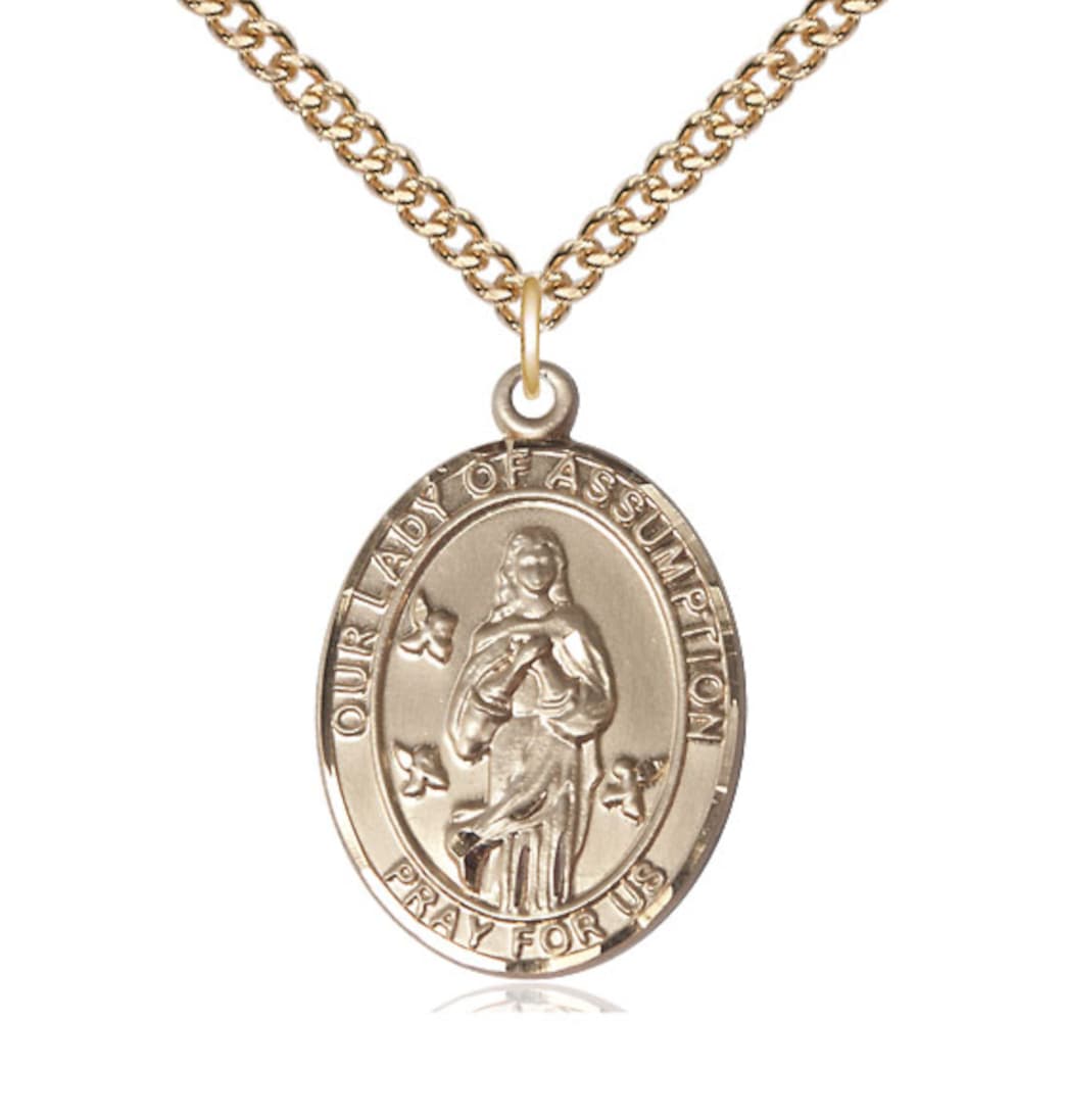 Bliss Our Lady of Assumption Gold-filled Oval Engravable Medal Necklace with Gold-filled Chain,