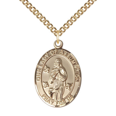 Our Lady of Assumption Gold-filled Oval Engravable Medal Necklace with Gold-filled Chain, Bliss Manufacturing