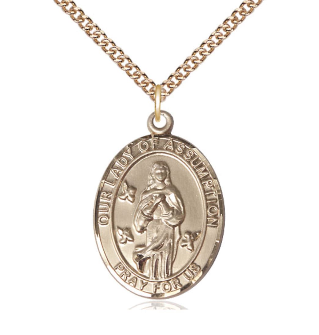 Bliss Our Lady of Assumption 14kt Gold Engravable Large Oval Medal with 14kt Chain,