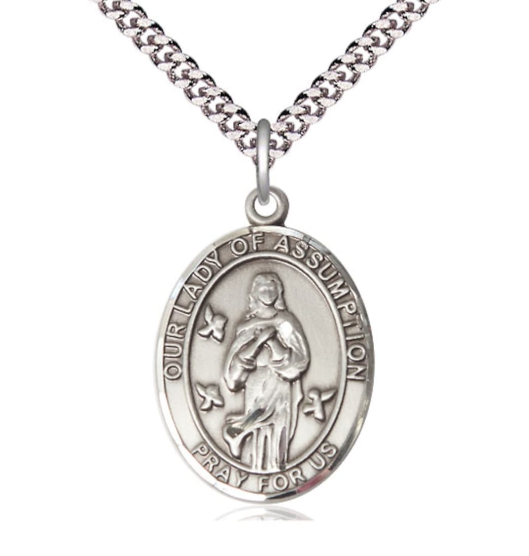 Bliss Our Lady of Assumption Pewter Oval Engravable Large Medal Necklace,