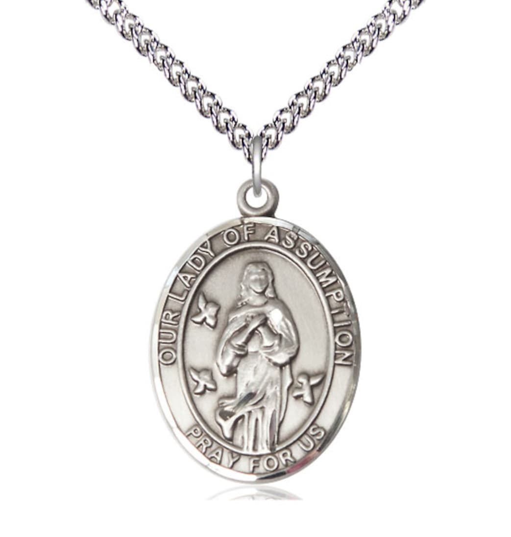 Bliss Our Lady of Assumption Sterling Silver Oval Engravable Large Medal Necklace with Sterling Chain,