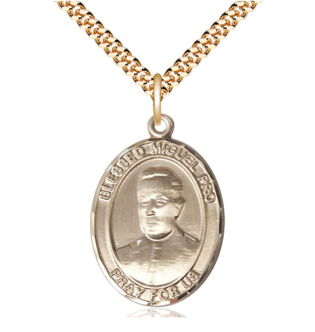 Bliss 14kt Gold Filled Blessed Miguel Pro Pendant on a 24 inch Gold Plate Heavy Curb Chain,